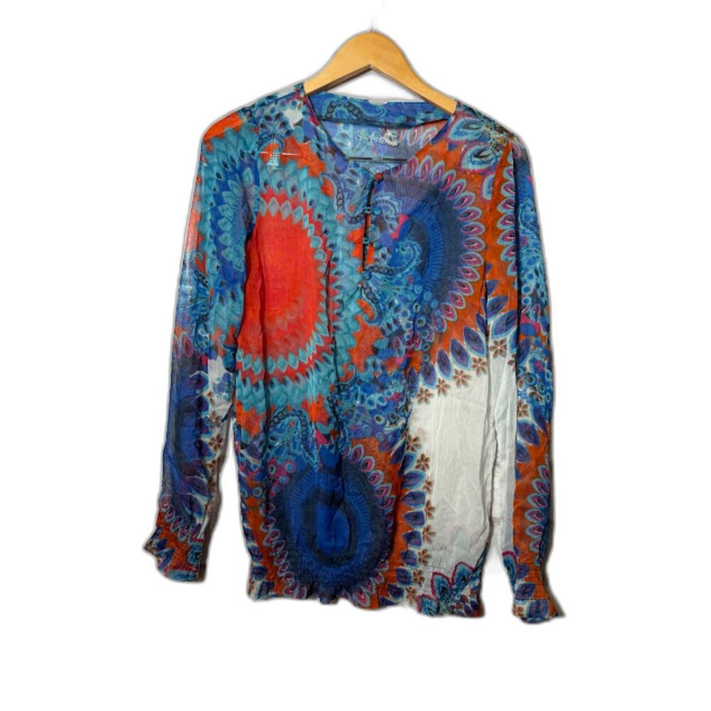 Desigual Women's Blouse Size Medium Blue Red Medallions Boho Art to Wear Sheer